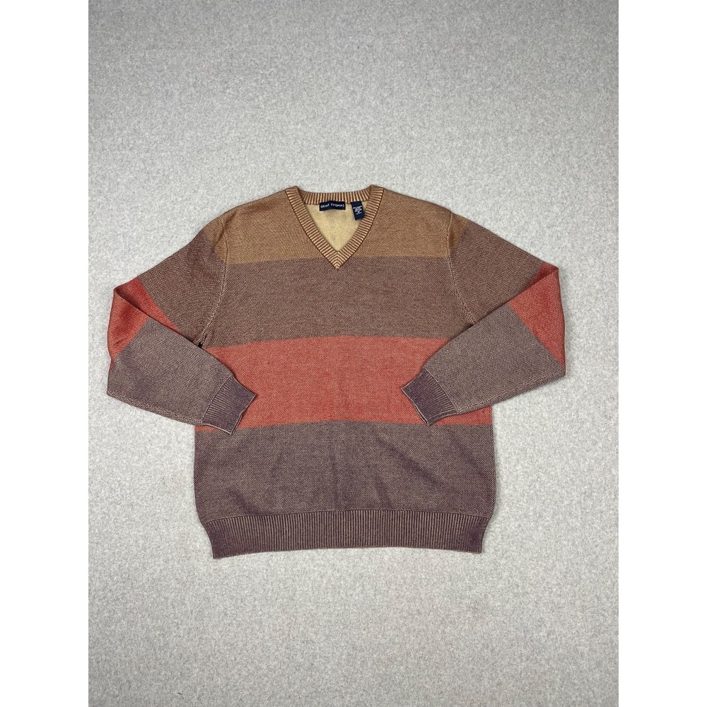 Grant Thomas Sweater Mens ‎ M Brown Red Gray Striped Crew Neck Supima Cotton